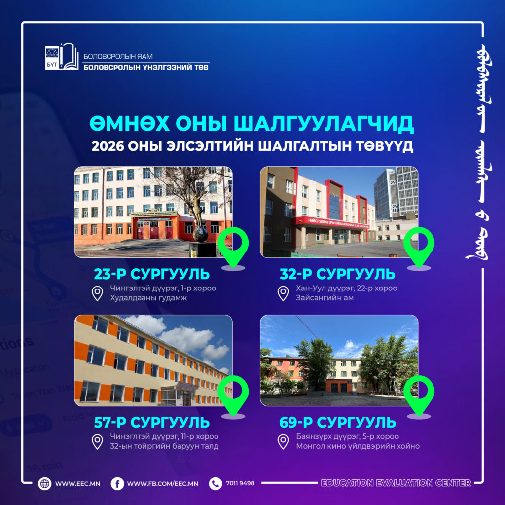 Улаанбаатар хотод шалгалт өгөх өмнөх оны төгсөгчдийн шалгалтын төвийн мэдээлэл